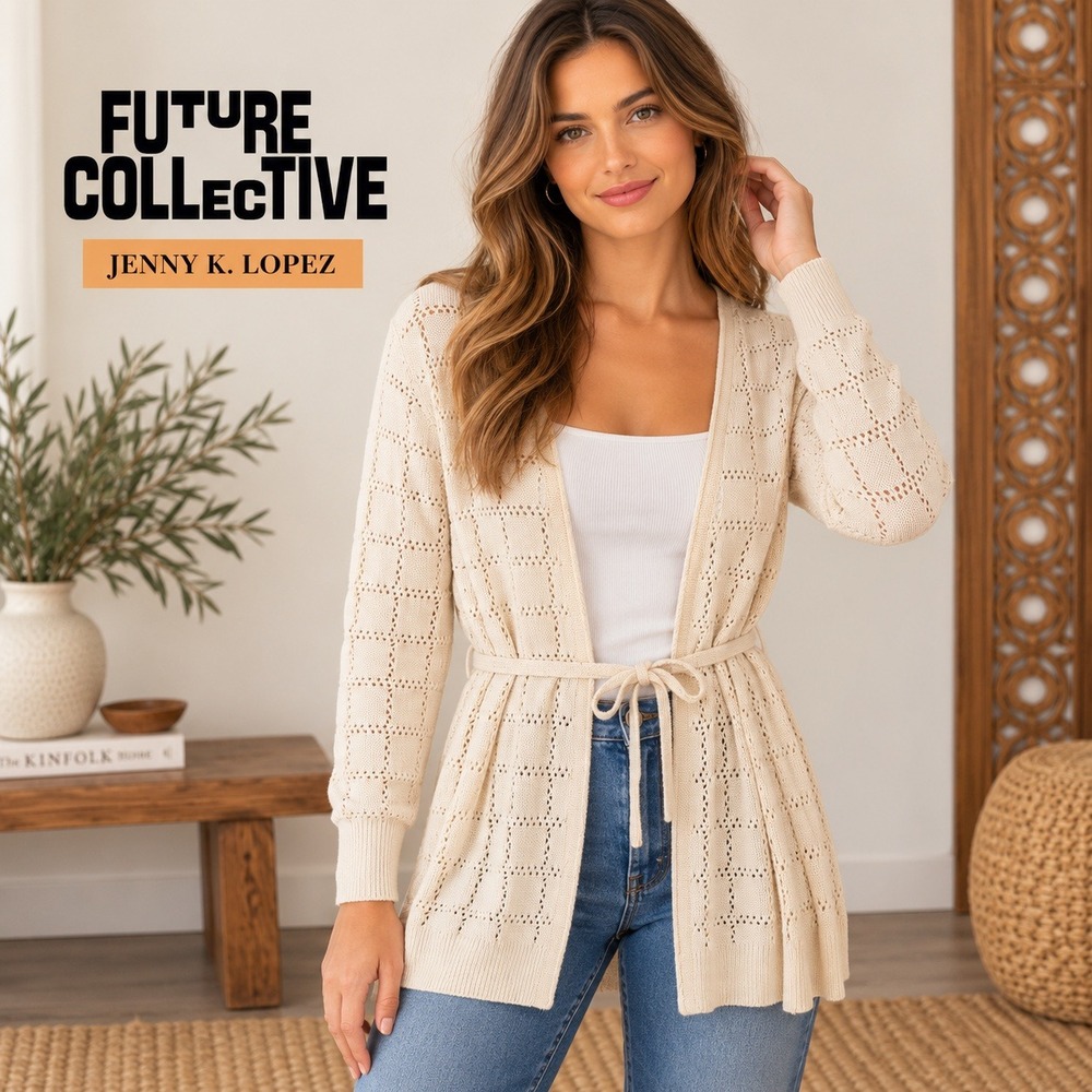 Future Collective Jenny K Lopez Cream Pointelle Knit Belted Cardigan Size XXS